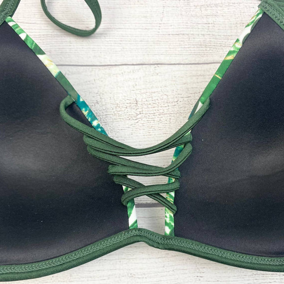 NEW RELLECIGA designed in Paris Gold Shimmer Green Leaf Tropical Bikini Top L - Picture 6 of 8